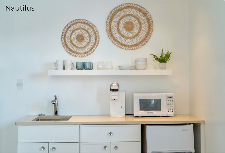 A white kitchenette with light wood countertops featuring a small sink, a white microwave, and a compact refrigerator. Above the counter, a white floating shelf holds mugs and a small potted plant, while two circular woven wall hangings decorate the space above.