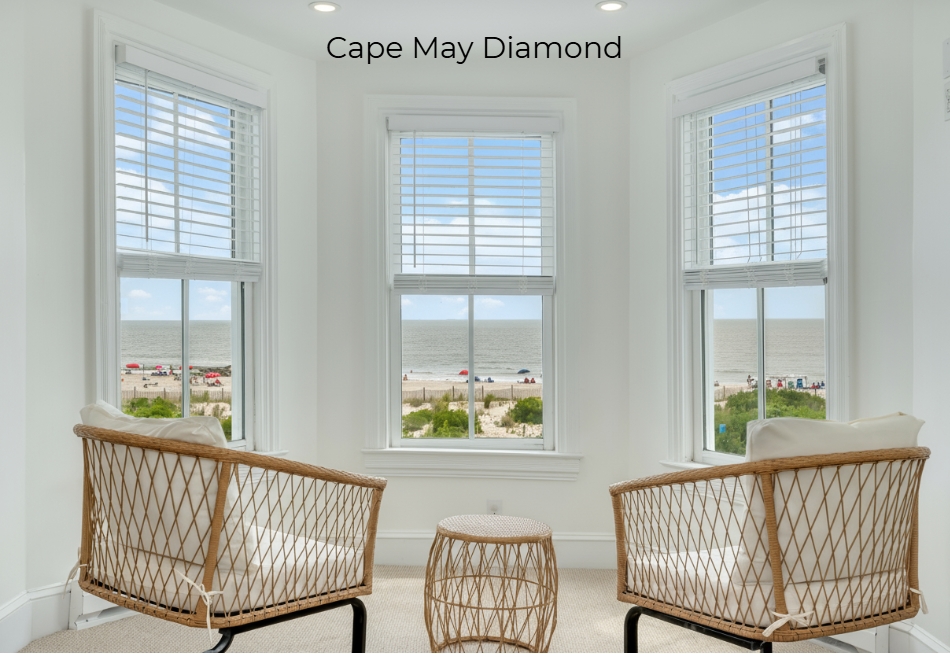 A view from inside a bright room looking out through three white-framed bay windows. In the foreground, two woven wicker chairs with white cushions and a matching small round side table face the windows, which provide a clear view of a sandy beach, green dunes, and the ocean under a blue sky.
