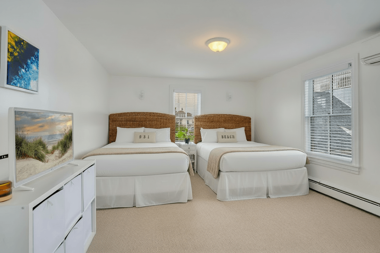 A brightly lit bedroom featuring two beds with wooden headboards and white linens. To the left, a white dresser holds a television displaying a beach scene, while a window on the right provides natural light to the clean, white-walled space.