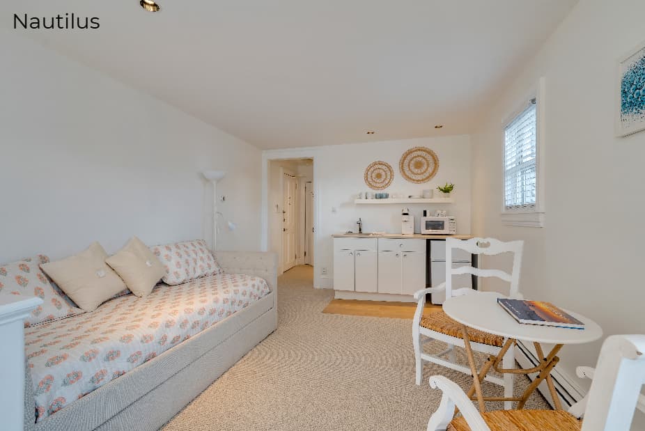 An open-concept living area with white walls and light-colored flooring. The space features a daybed with patterned cushions, a small white dining table with two chairs, and a kitchenette in the background equipped with a mini-fridge and microwave.