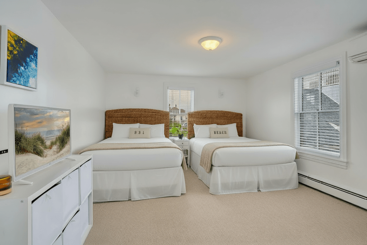 A brightly lit bedroom featuring two beds with wooden headboards and white linens. To the left, a white dresser holds a television displaying a beach scene, while a window on the right provides natural light to the clean, white-walled space.