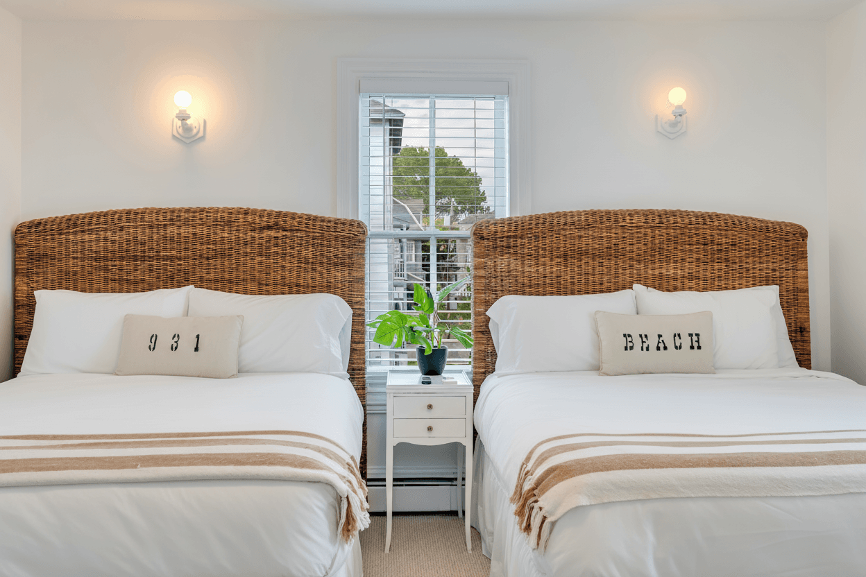 A bright bedroom featuring two beds with woven wooden headboards and white linens. Each bed is accented with a striped throw blanket and a decorative pillow-one reading "931" and the other "BEACH." A small white nightstand with a potted plant sits between the beds, positioned in front of a window.