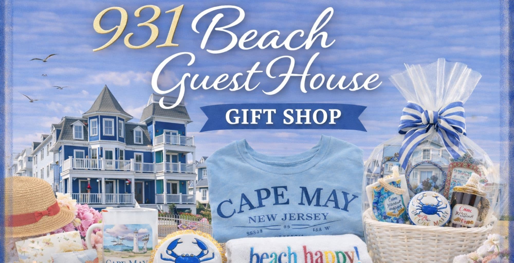 Image promoting the 931 Beach Guest House Gift Shop, featuring merchandise and a seaside house backdrop.