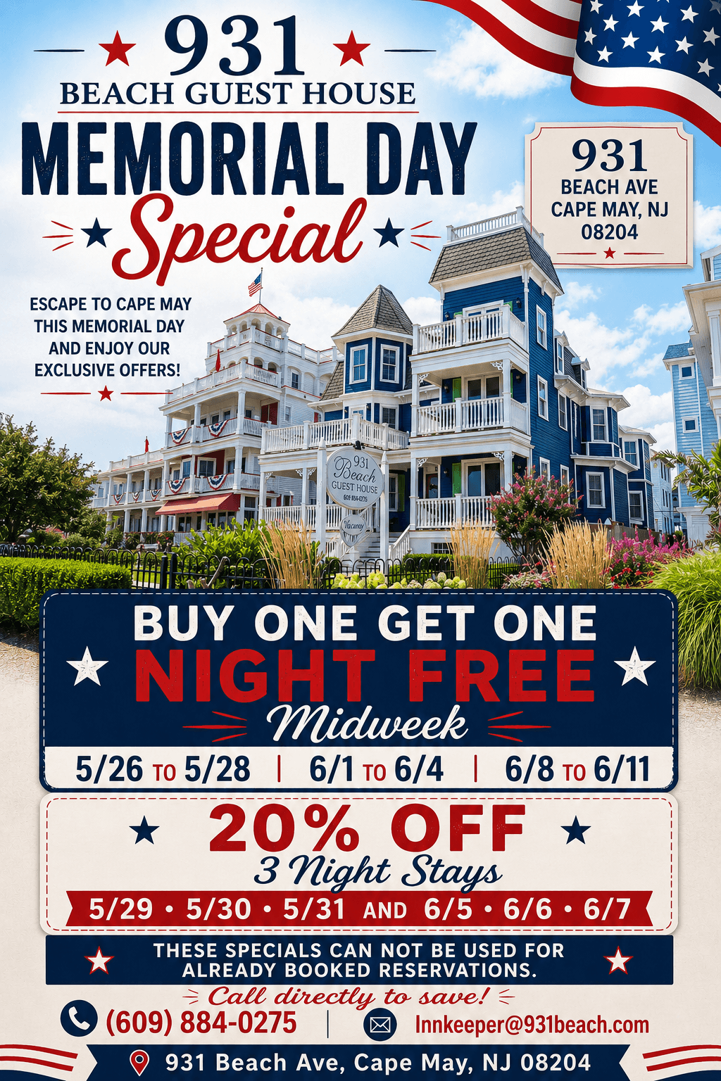 Promotional poster for 931 Beach Guest House in Cape May, featuring Memorial Day special offers including buy one night get one free and discounts on three-night stays.