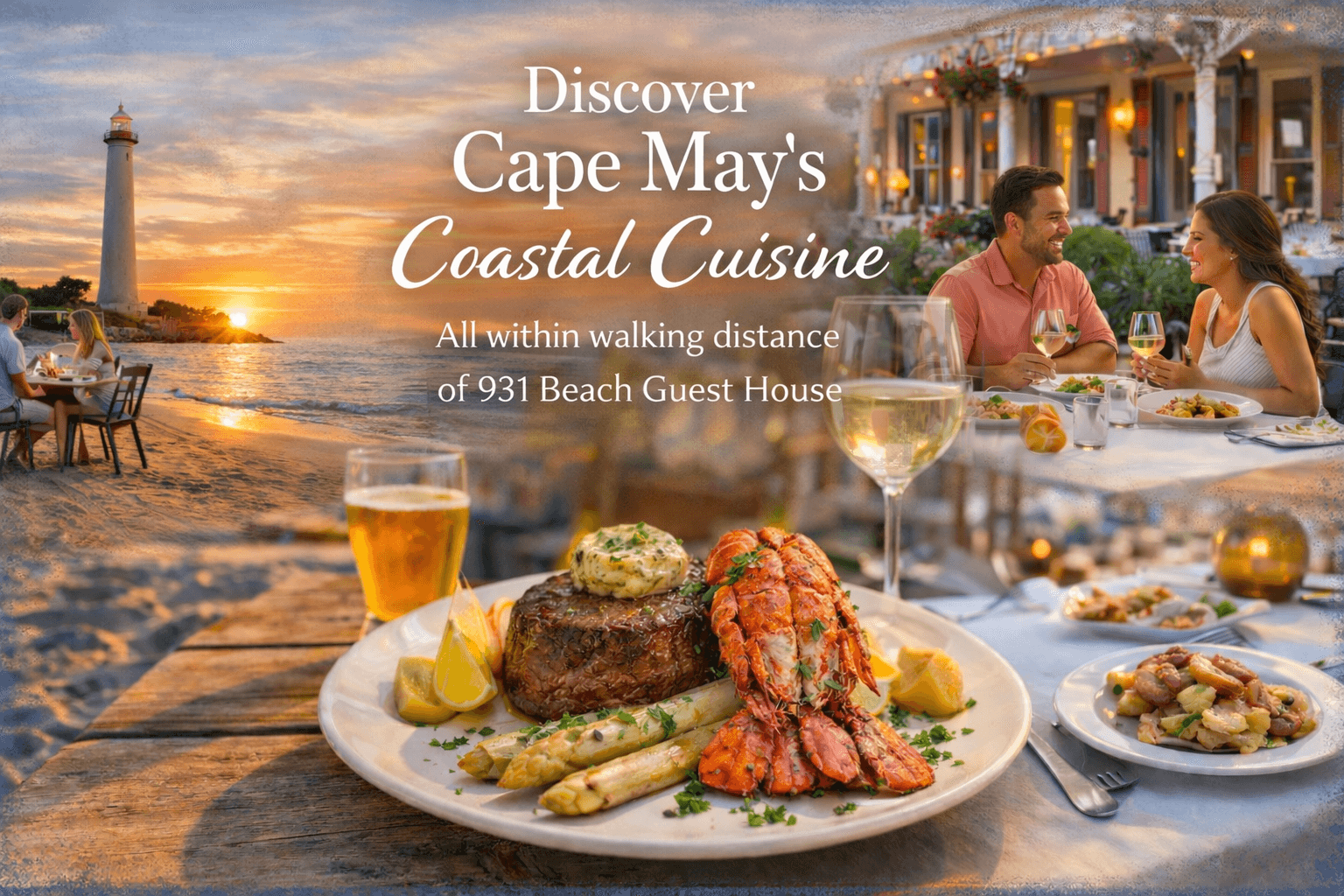 A romantic dining scene showcasing a gourmet seafood dish with a picturesque Cape May backdrop and couples enjoying their meal.