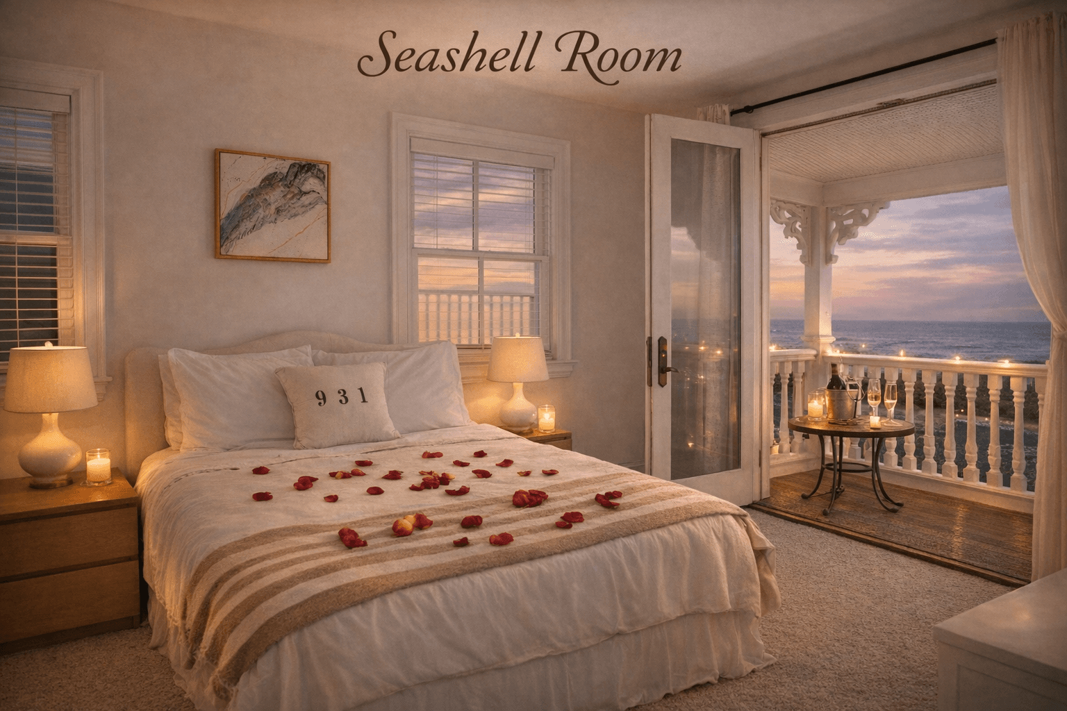 A cozy bedroom with a bed adorned with rose petals, soft lighting, and a view of the ocean at sunset through open doors.