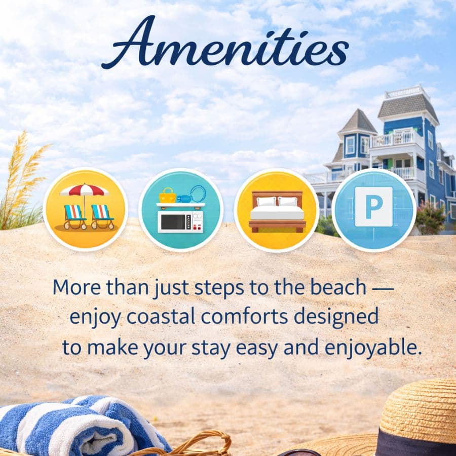 Illustration of beach amenities with text highlighting coastal comforts for an enjoyable stay.