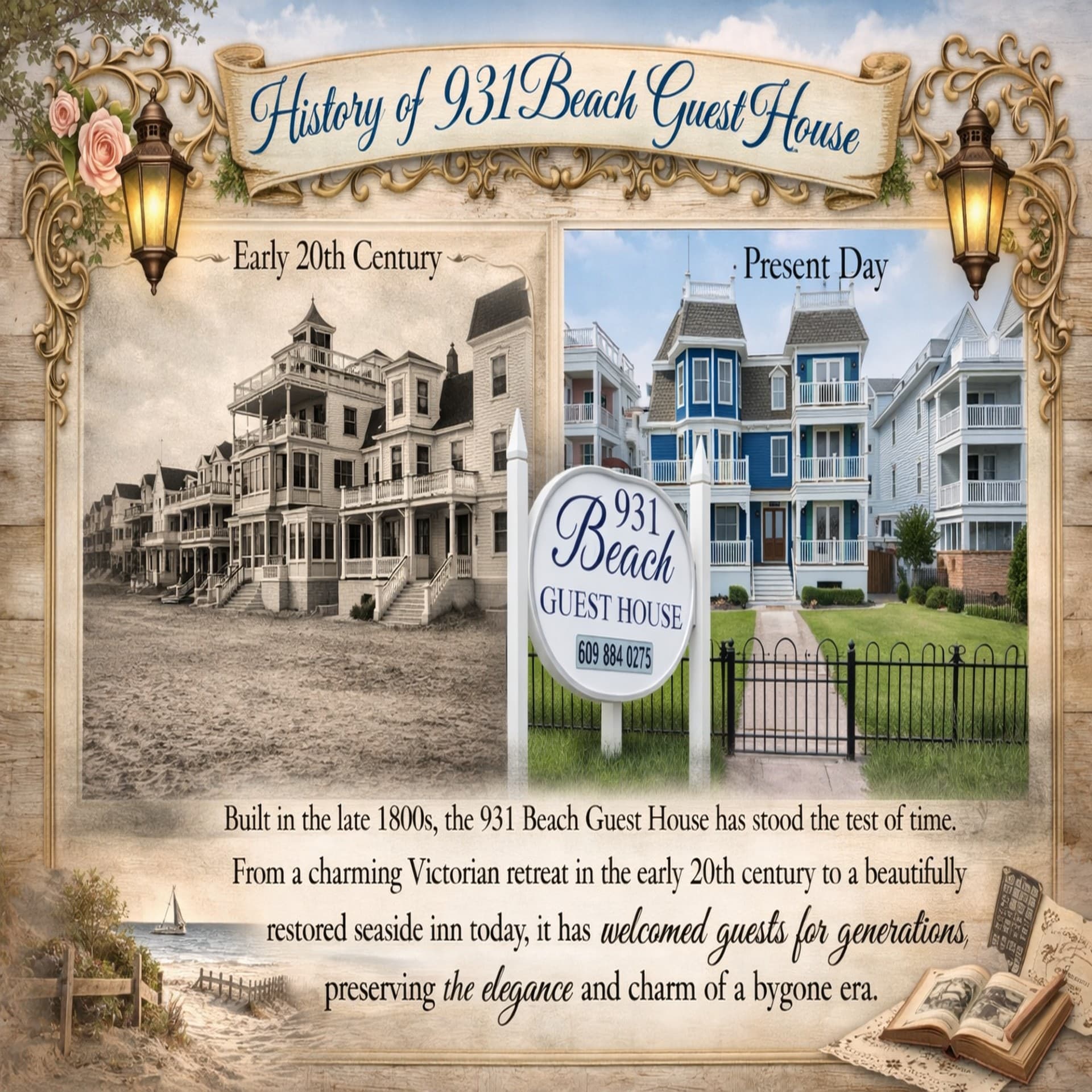 Split image showing the 931 Beach Guest House from the early 20th century on the left and its present day appearance on the right.