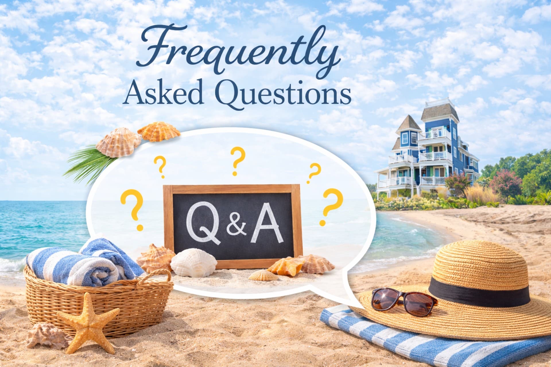 A beach scene with a chalkboard displaying "Q&A" surrounded by seashells, a straw hat, and towels, with the text "Frequently Asked Questions" above.