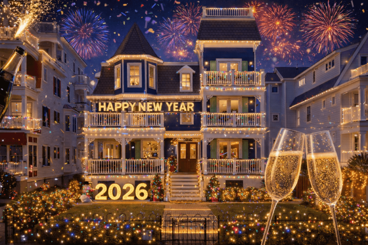 A beautifully decorated house with "Happy New Year" and "2026" illuminated in lights, surrounded by fireworks and festive elements. A beautifully decorated house with "Happy New Year" and "2026" illuminated in lights, surrounded by fireworks and festive elements.