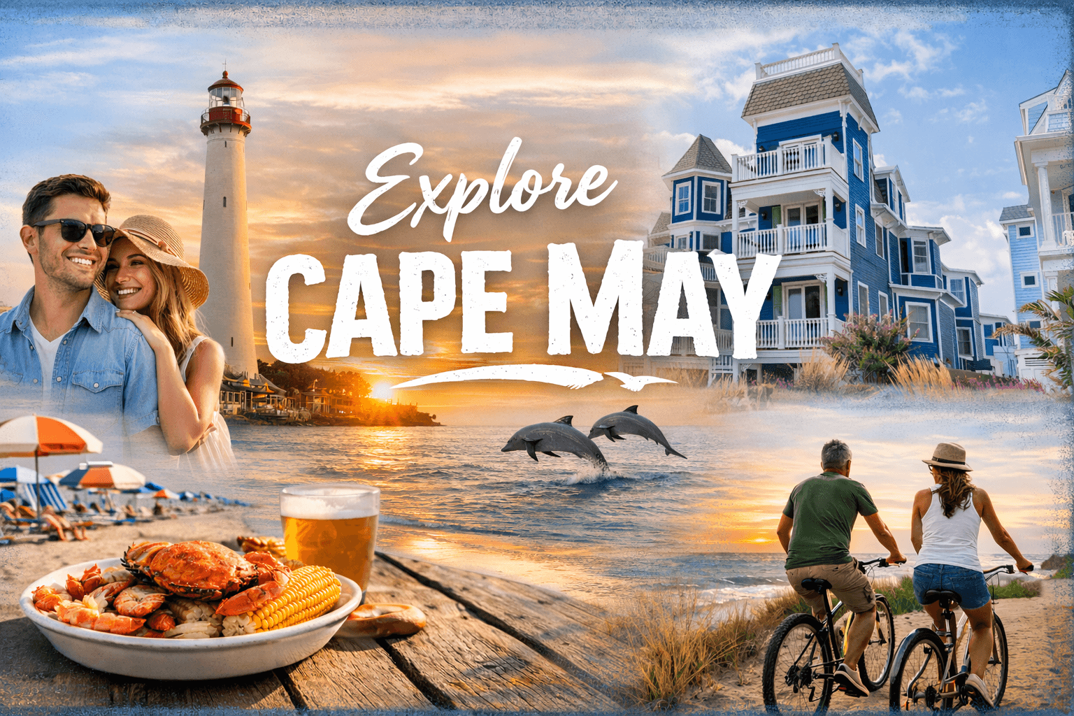 A collage showcasing Cape May's attractions, including a couple, a lighthouse, dolphins, a seafood dish, and people riding bikes by the beach.