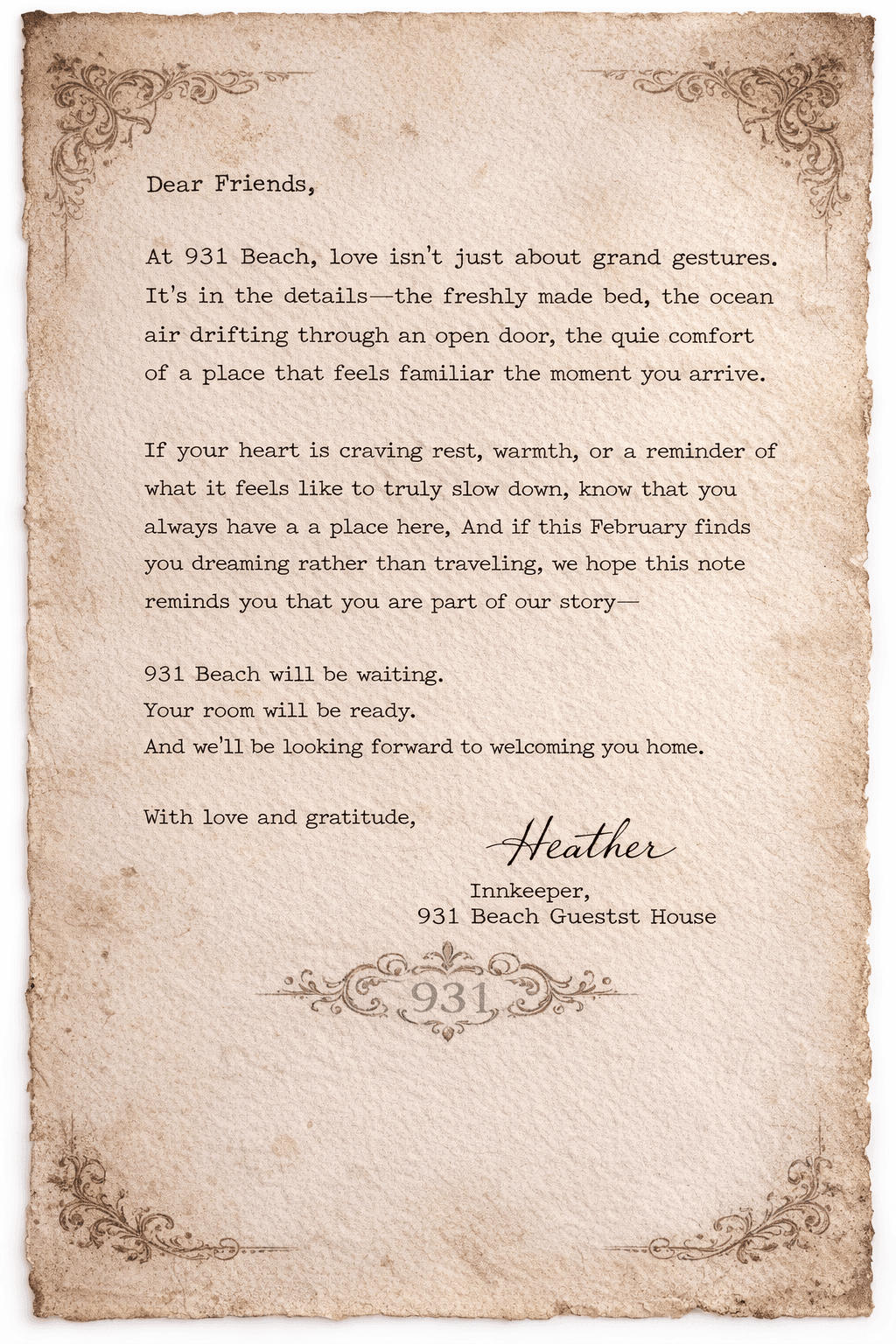 A handwritten note from Heather, the innkeeper at 931 Beach, warmly inviting guests and expressing anticipation for their stay.
