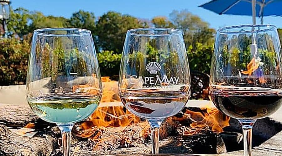 Three wine glasses filled with different wines sit in front of a fire pit.