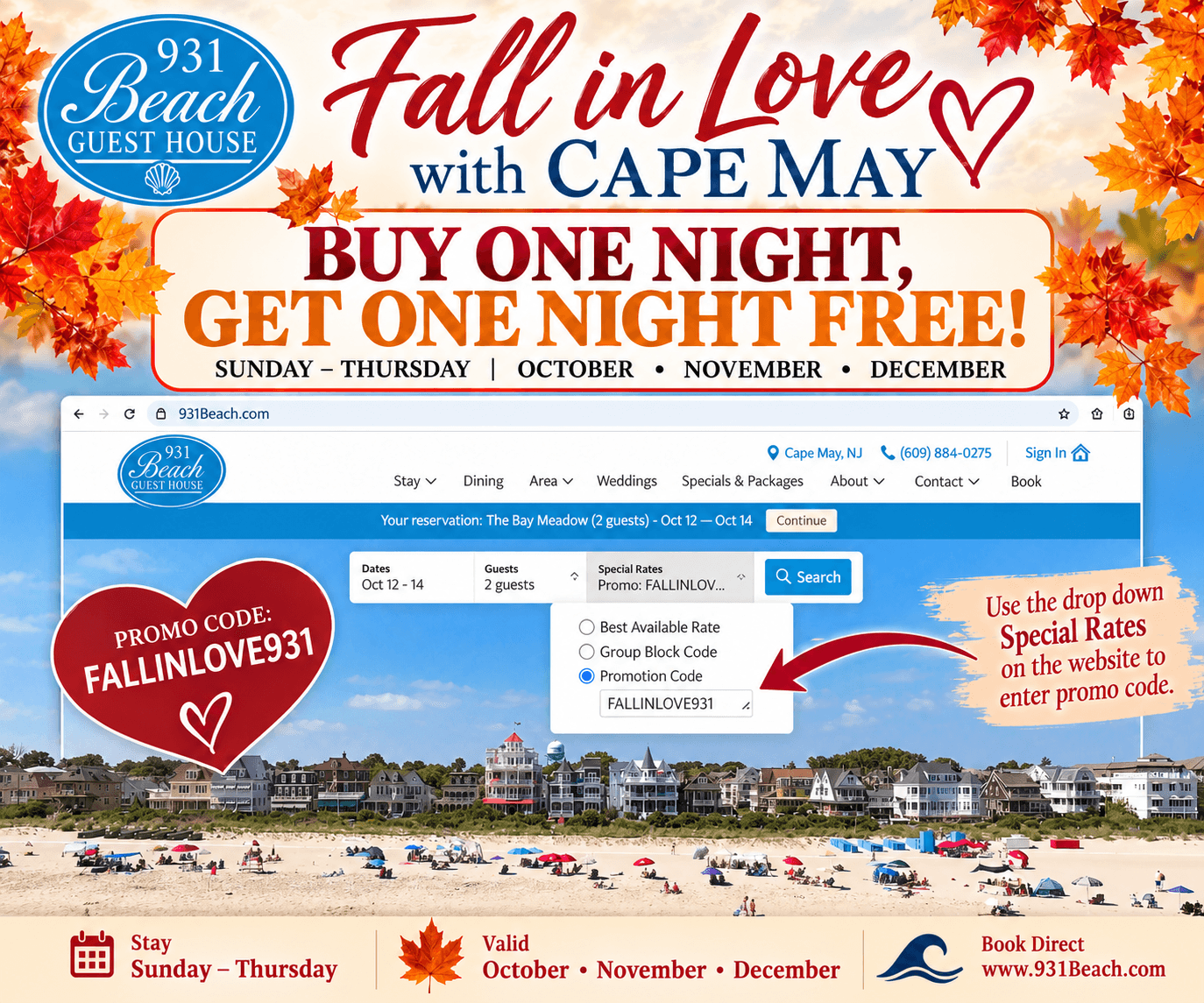 Promotional graphic for 931 Beach Guest House offering a "Buy One Night, Get One Night Free" deal using the code FALLINLOVE931.